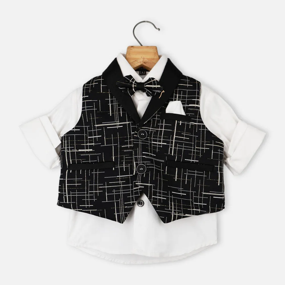 Black Printed Waistcoat With White Shirt & Pant