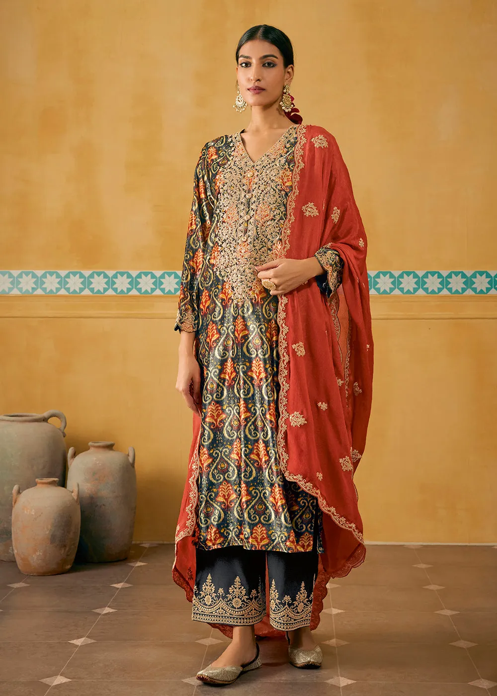 Blue Multicolor Digital Printed Embroidered Velvet Salwar Suit