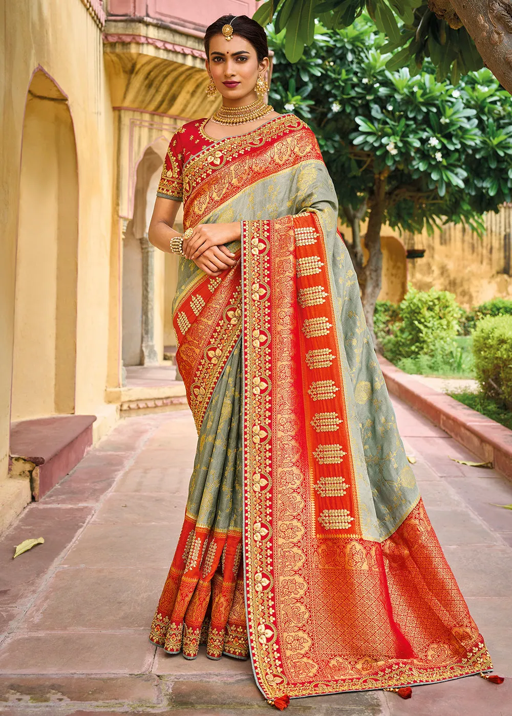 Designer Multicolor Light Grey Silk Wedding Wear Saree