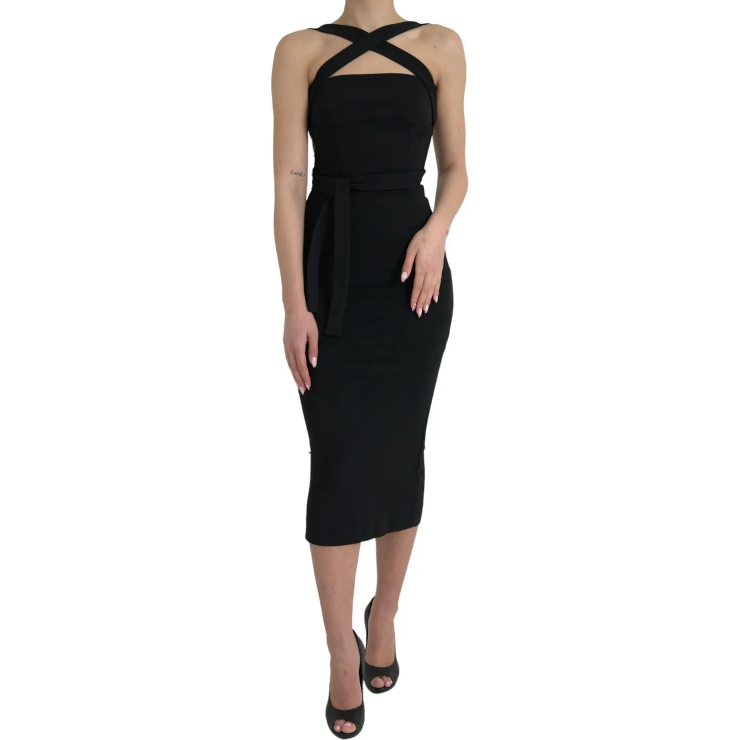 Dolce & Gabbana Elegant Black Sheath Halter Midi Dress