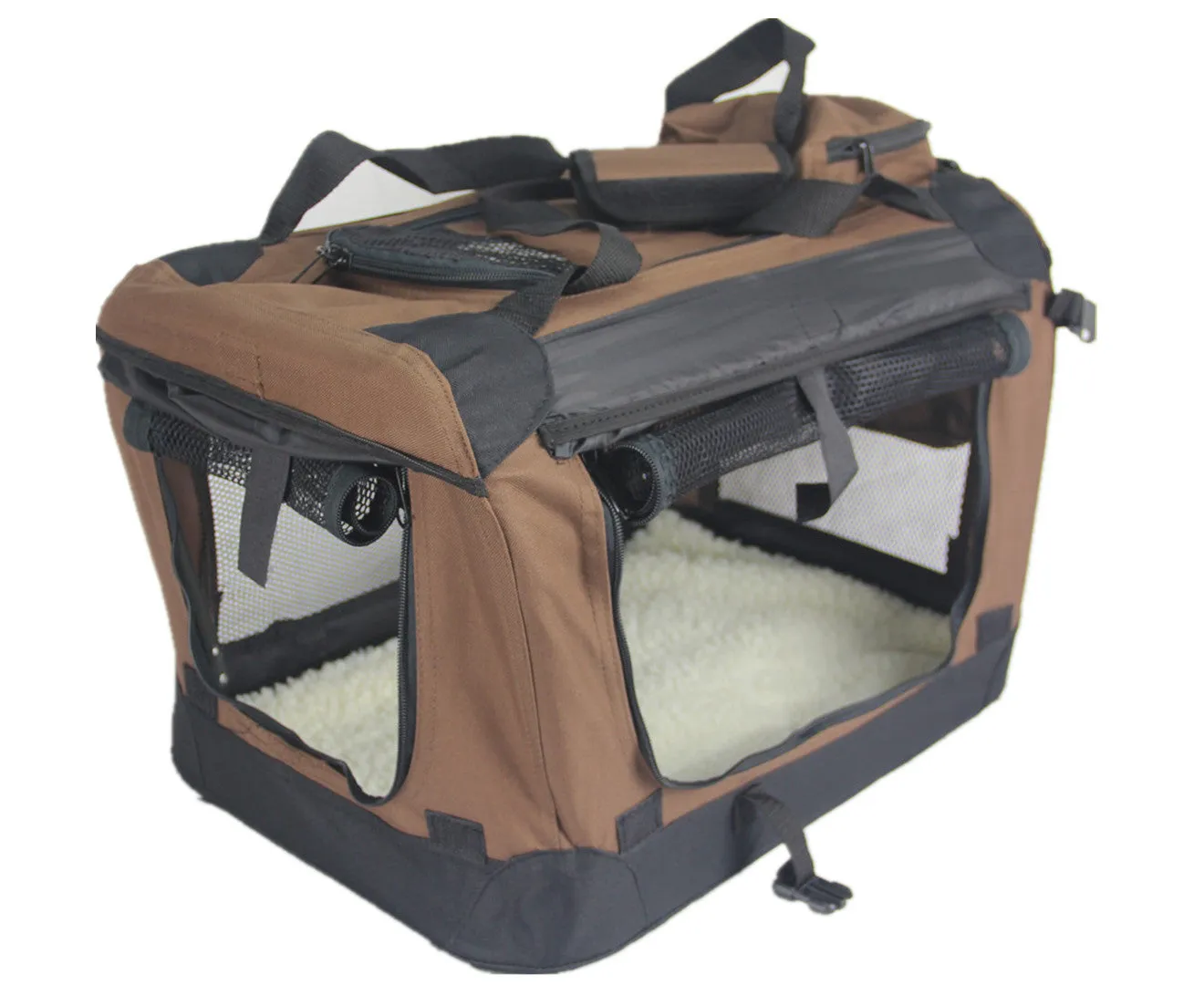 Durable Soft Foldable Pet Crate Bag with Curtain, Brown-YES4PETS