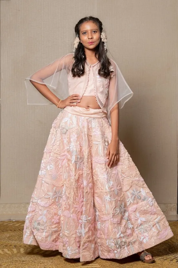 Elegant blush pink ensemble with intricate floral embroidery and a sheer overlay, perfect for any sophisticated occasion