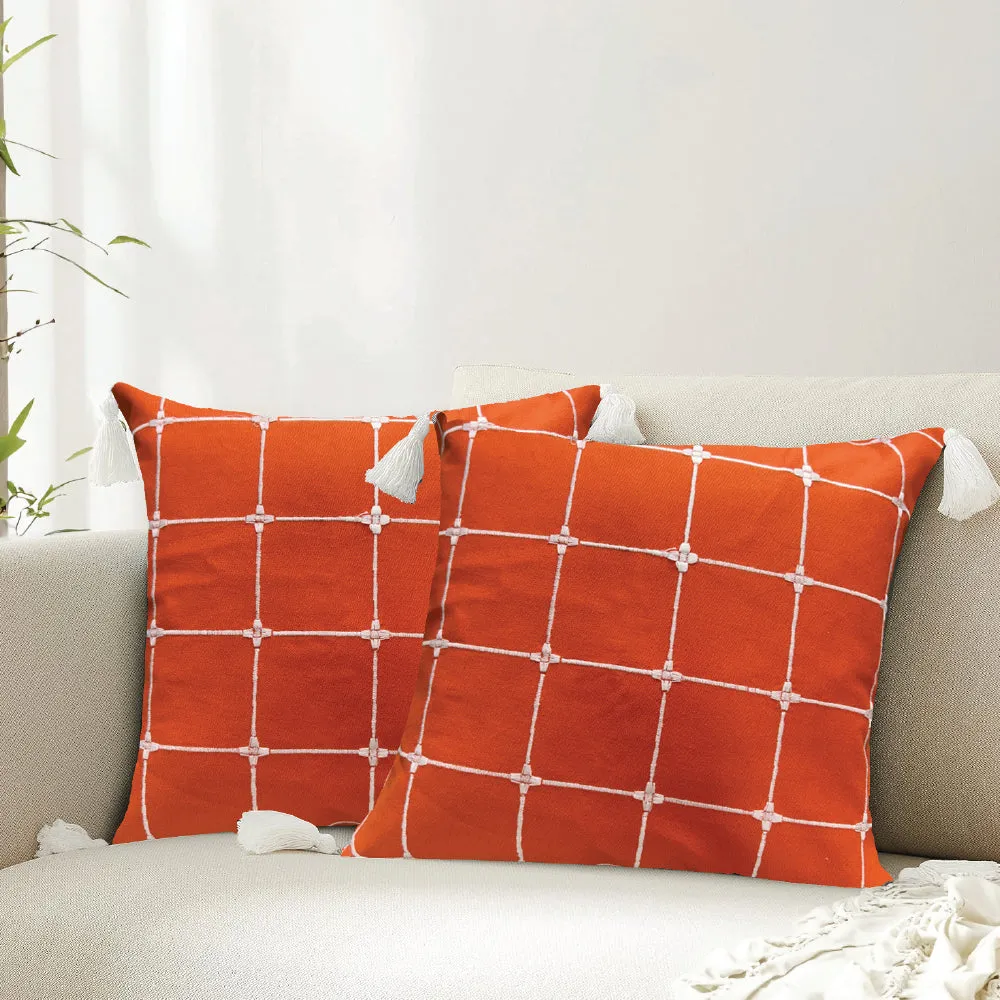 Embroidered Cotton Cushion Cover, for Sofa, Bedroom, Living Room - Set of 2 - Aura Checks Orange