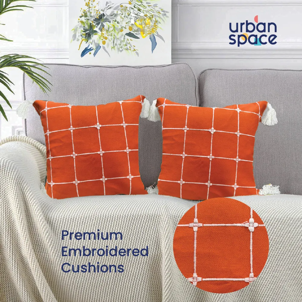 Embroidered Cotton Cushion Cover, for Sofa, Bedroom, Living Room - Set of 2 - Aura Checks Orange