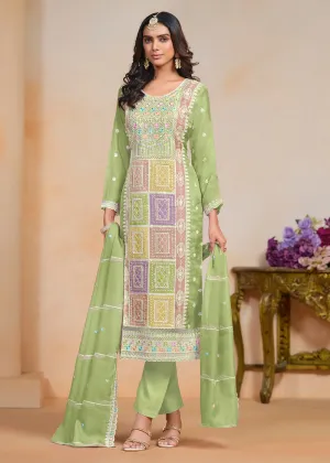 Green Soft Organza Embroidered Festive Pant Style Suit