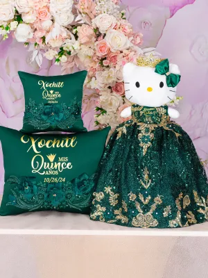 Green with gold Quinceanera pillows set and Kitty