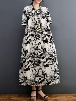 Half Sleeves Loose Abstract Printed Round-Neck Midi Dresses