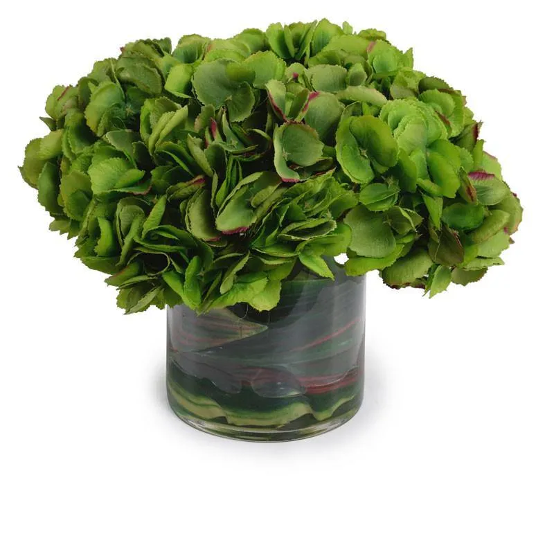 Hydrangea Arrangement in Leaf Lined Glass 11"H