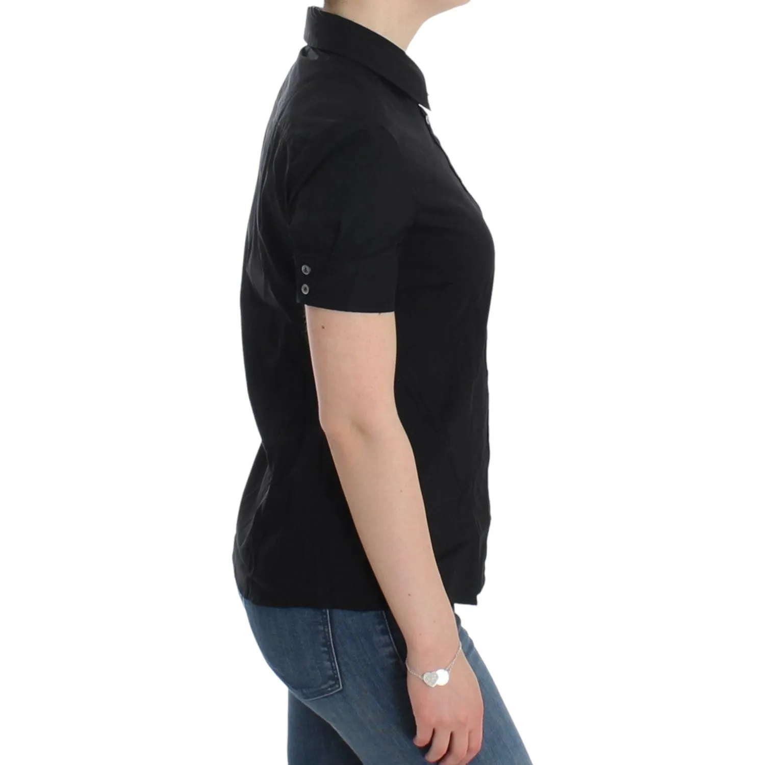 John Galliano Elegant Black Cotton Stretch Shortsleeve Blouse