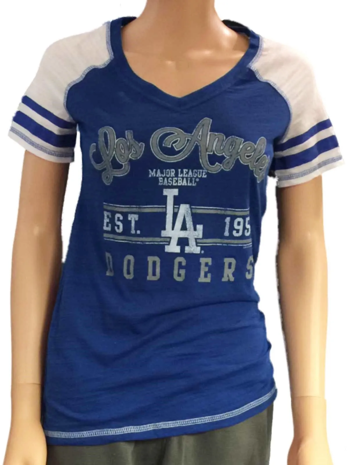 Los Angeles Dodgers SAAG Women Blue Light Baseball Tri-Blend V-Neck T-Shirt