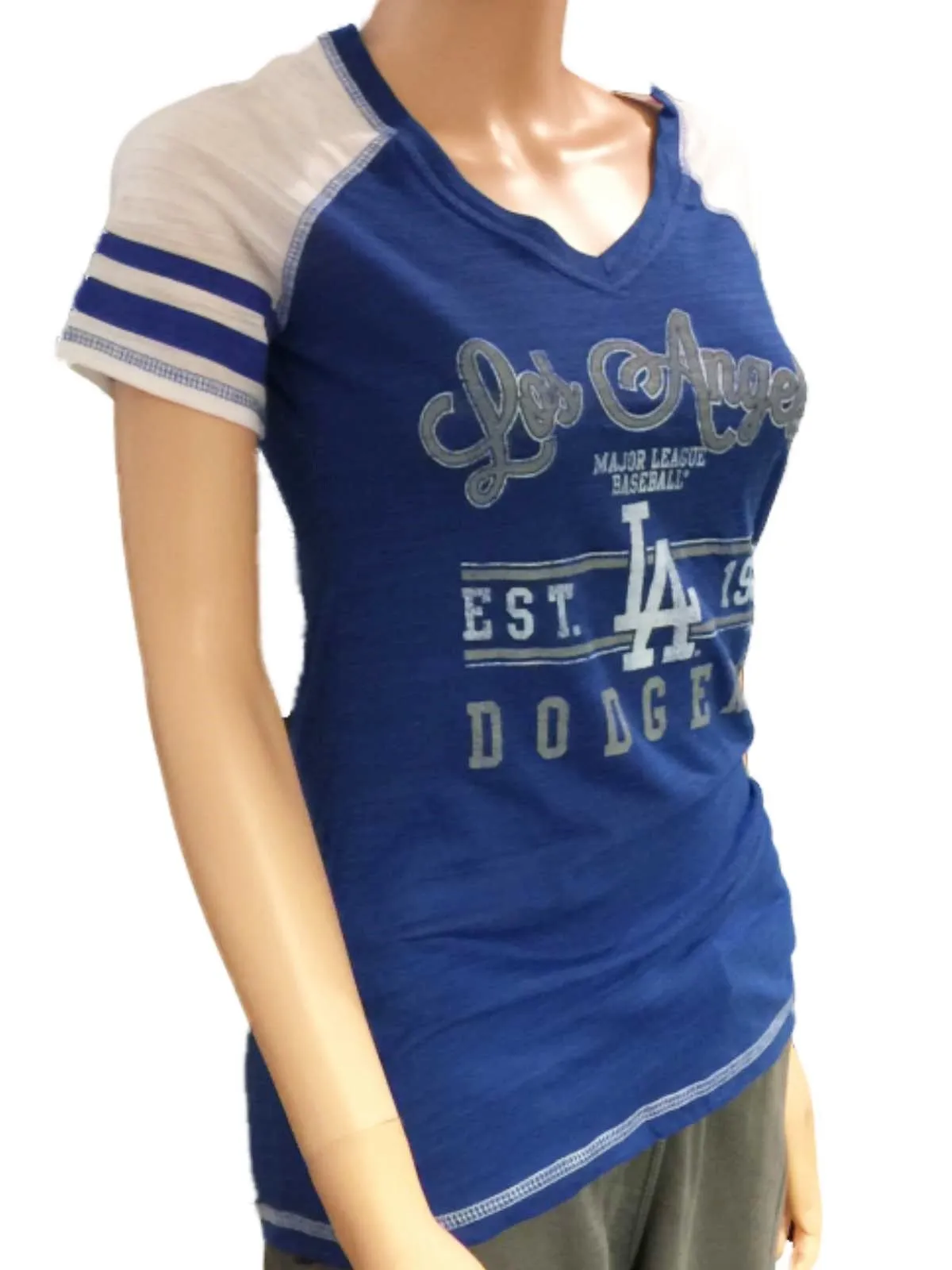 Los Angeles Dodgers SAAG Women Blue Light Baseball Tri-Blend V-Neck T-Shirt