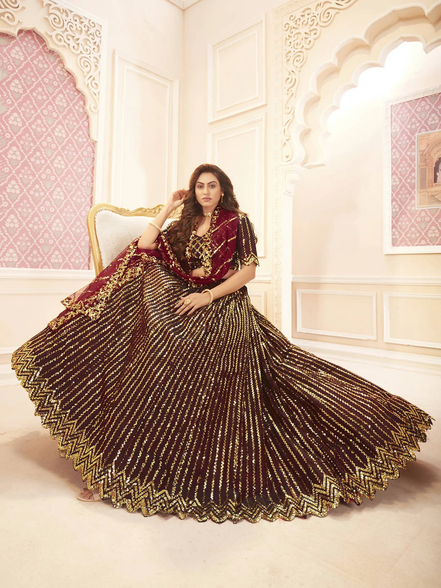 Maroon & Golden Sequins Embroidered Wedding Lehenga Choli