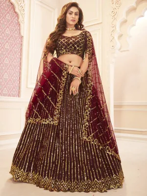 Maroon & Golden Sequins Embroidered Wedding Lehenga Choli