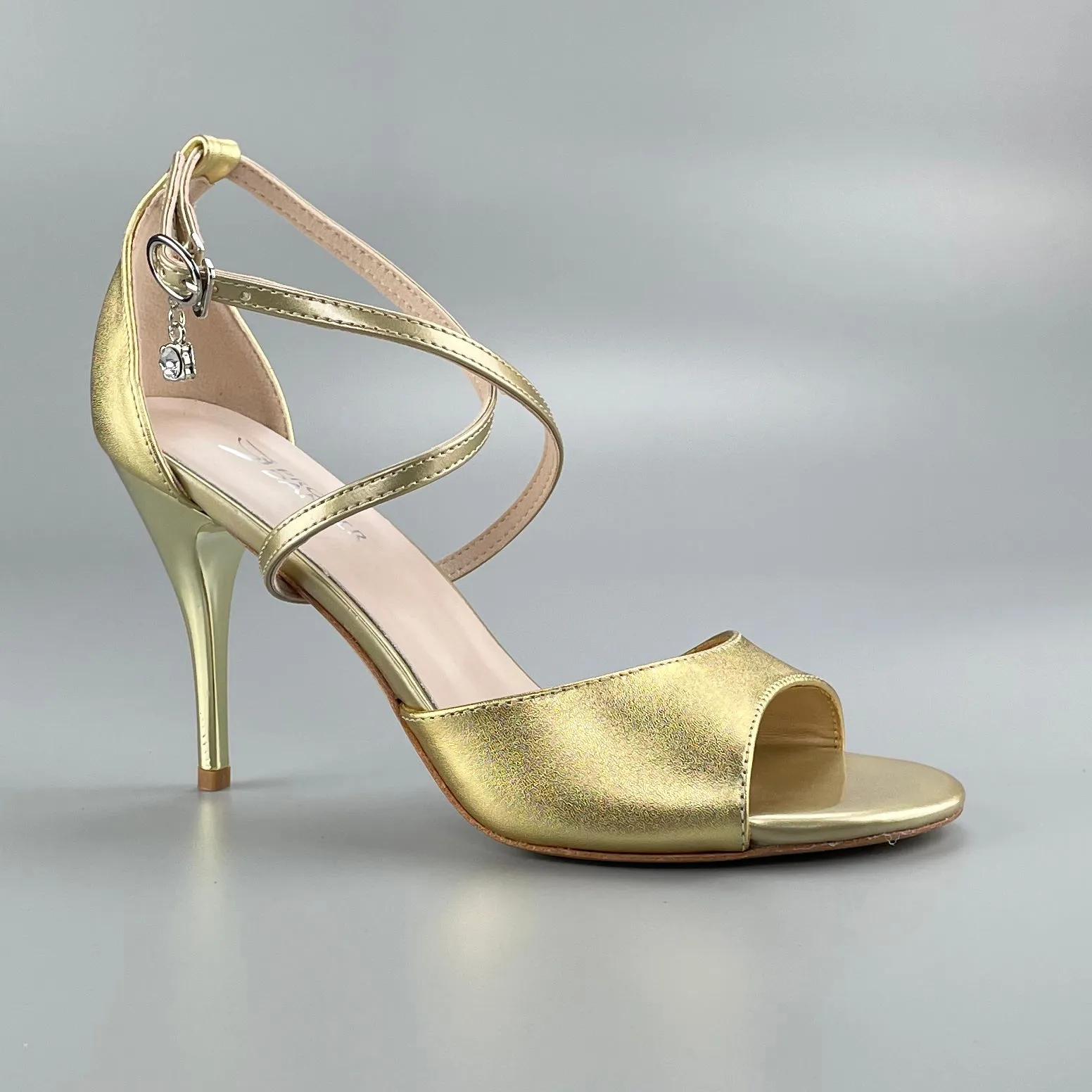 Open-toe and Closed-back Argentine Tango Shoes High Salsa Heels Hard Leather Sole Sandals Gold