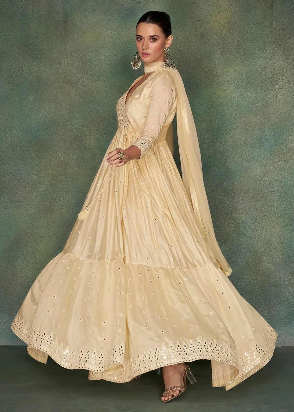 Pure Silk Cream Embroidered Reception Wear Indian Gown