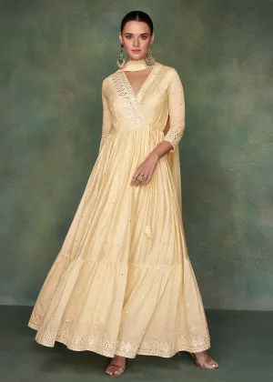 Pure Silk Cream Embroidered Reception Wear Indian Gown