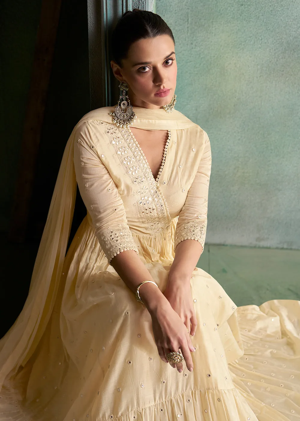 Pure Silk Cream Embroidered Reception Wear Indian Gown