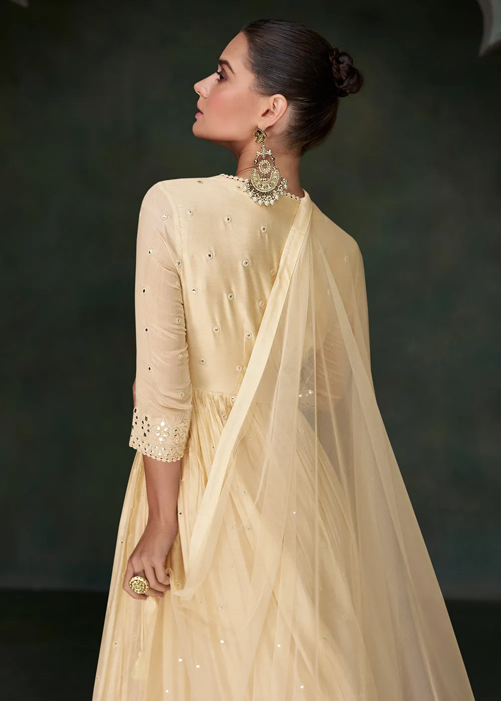 Pure Silk Cream Embroidered Reception Wear Indian Gown