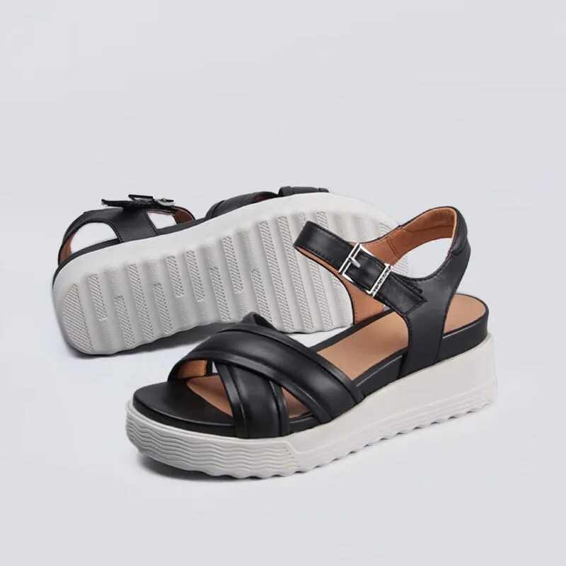 Retro Chunky Leather X Strappy Sandals in Black/White - Womens Platform Slingback