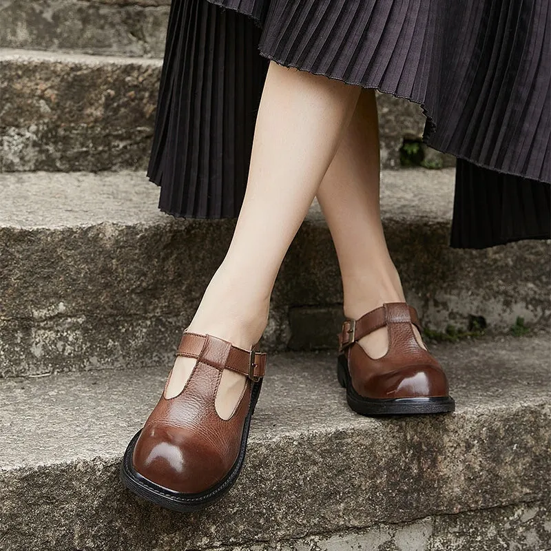 Retro Leather T strap Mary Jane Shoes In Coffee/Black