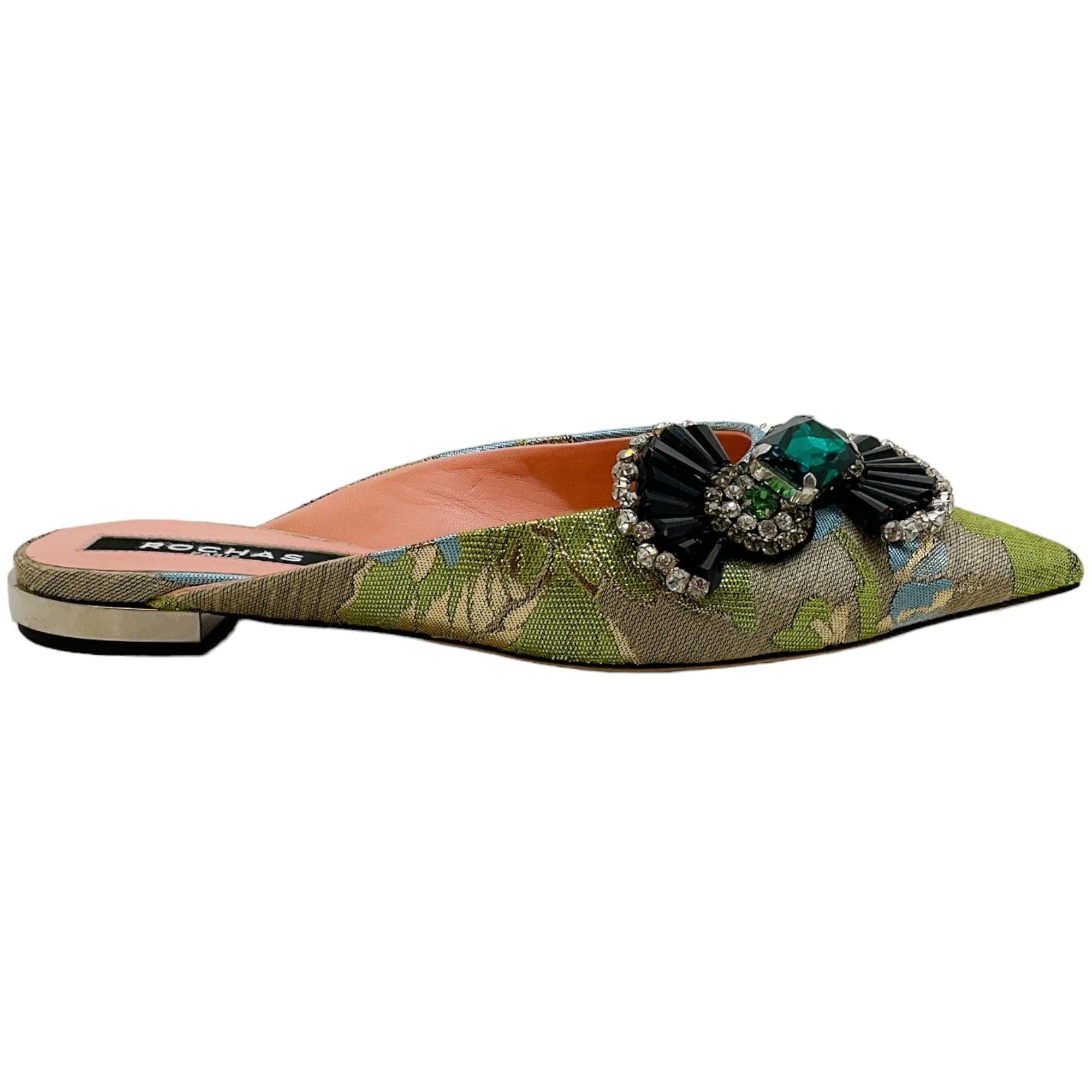 Rochas Green / Blue Jacquard Mules with Crystal Embellishments