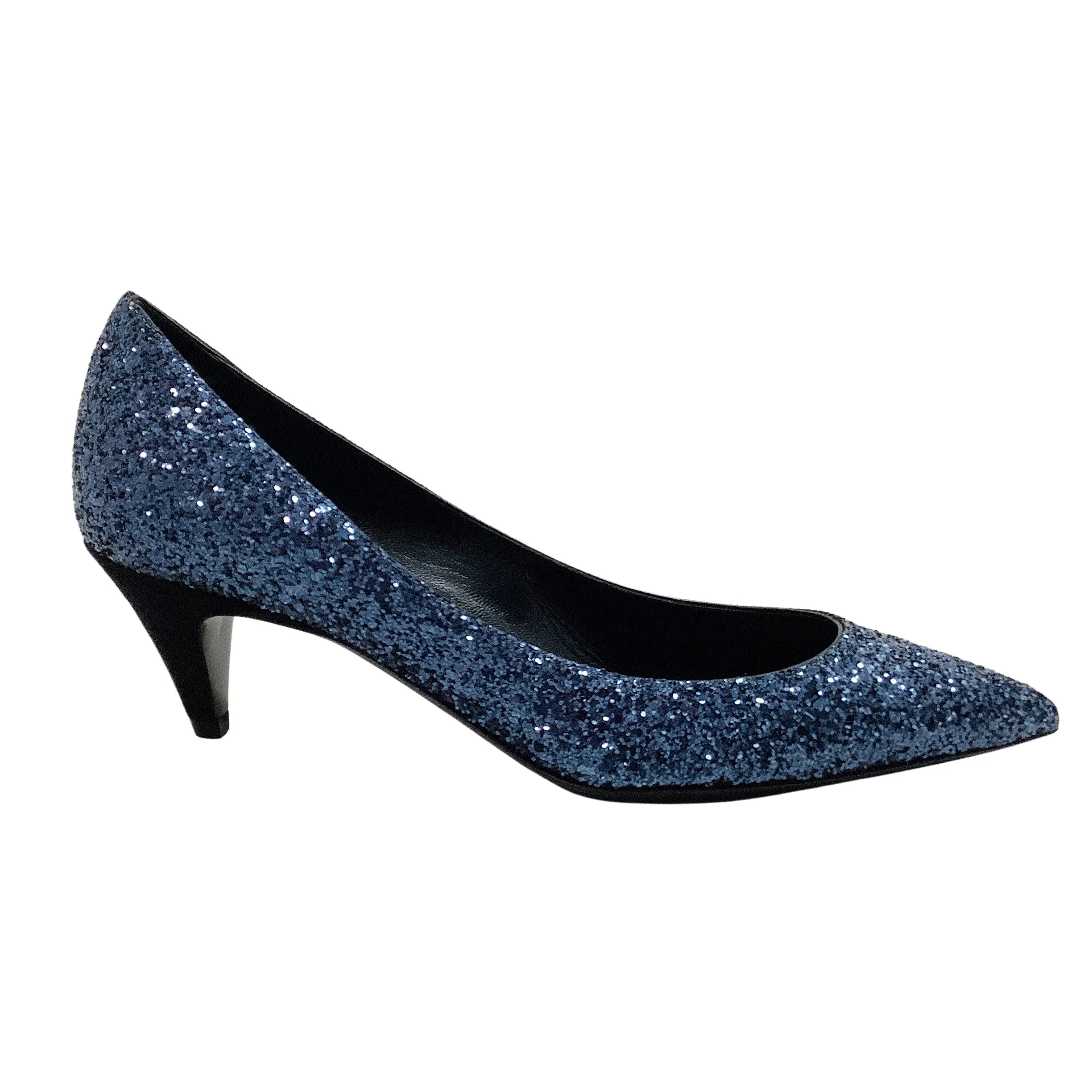 Saint Laurent Navy Blue Glitter Charlotte Pumps