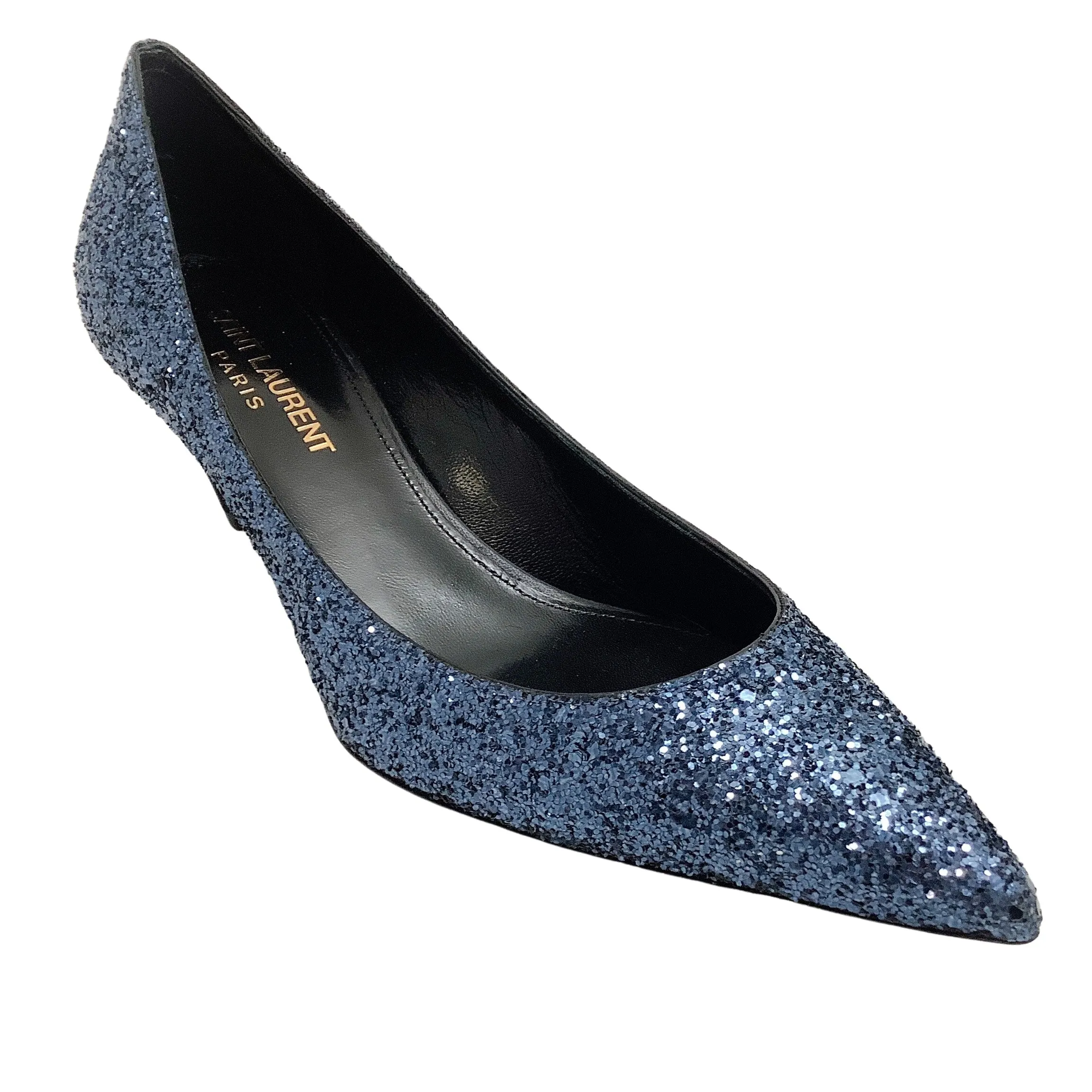 Saint Laurent Navy Blue Glitter Charlotte Pumps