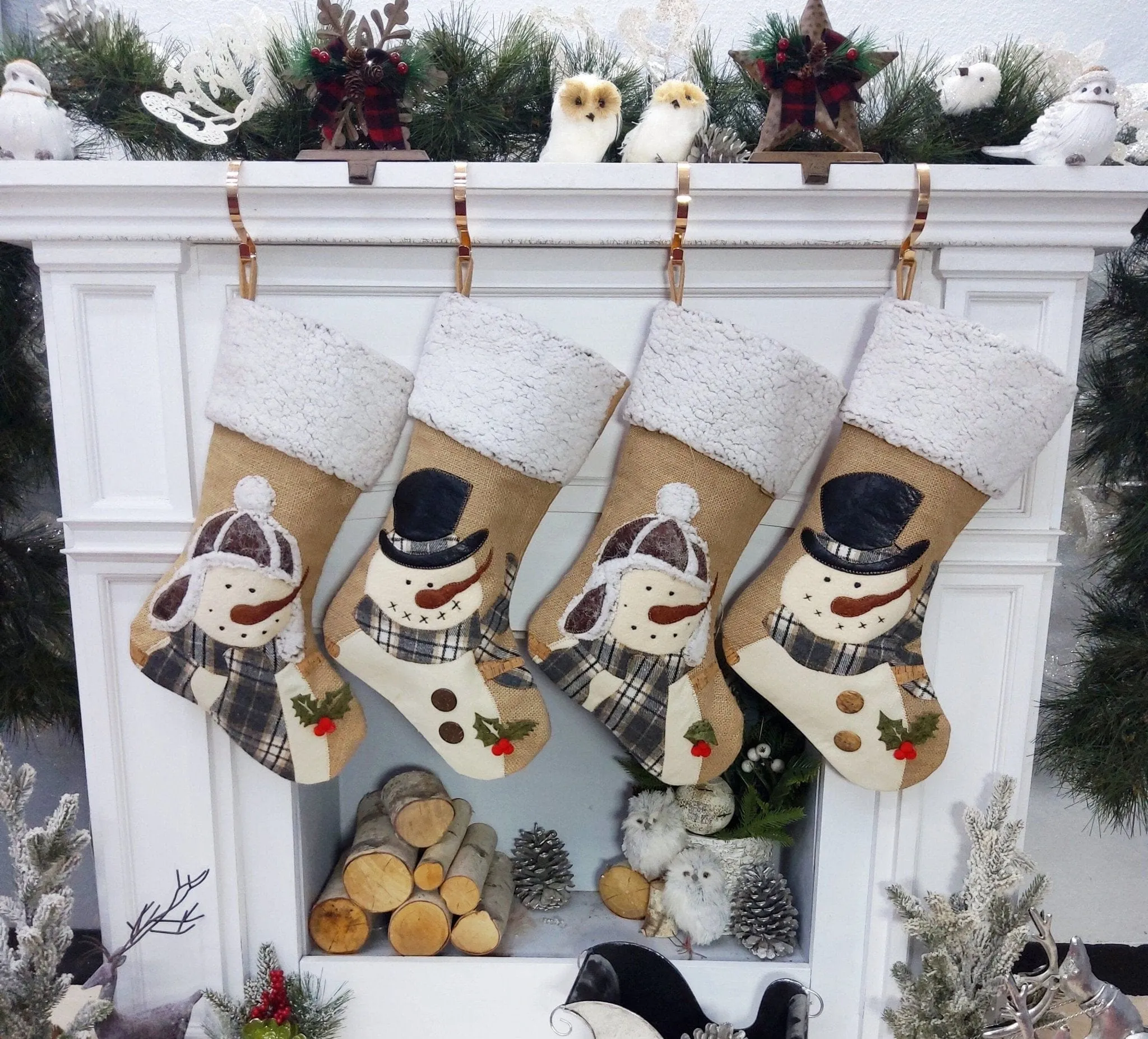 Snowman Burlap and Cozy Knit Stockings Personalized Embroidered or with Cutout Wood Name Tag Christmas Stockings Family Xmas