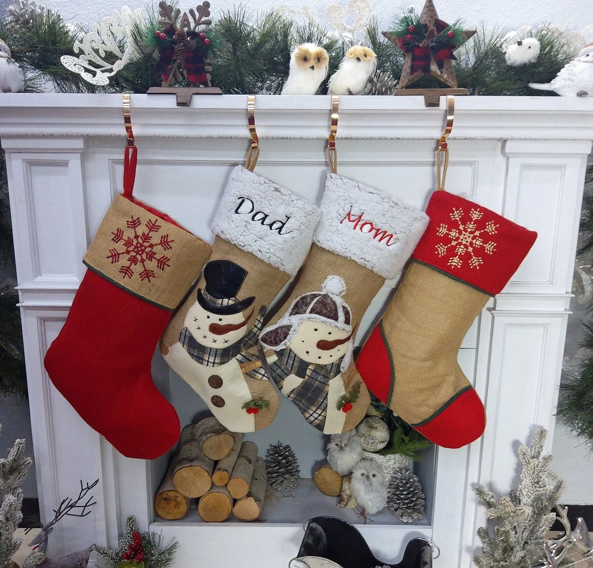 Snowman Burlap and Cozy Knit Stockings Personalized Embroidered or with Cutout Wood Name Tag Christmas Stockings Family Xmas