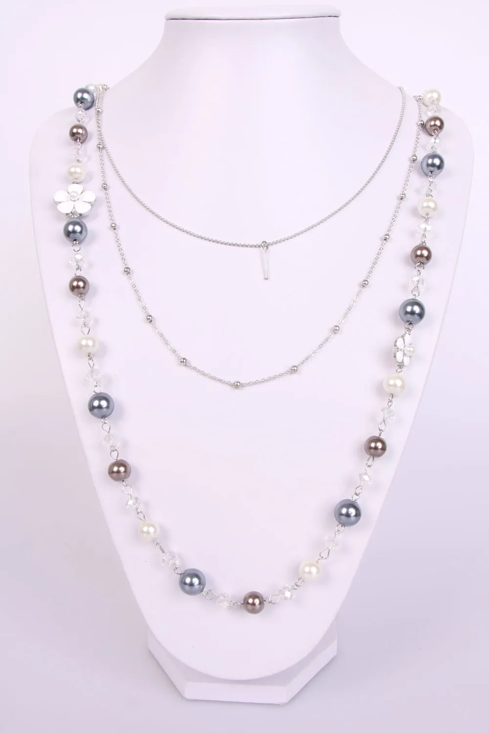 Trendy Pearl and Jewel Flower Layered Long Necklace