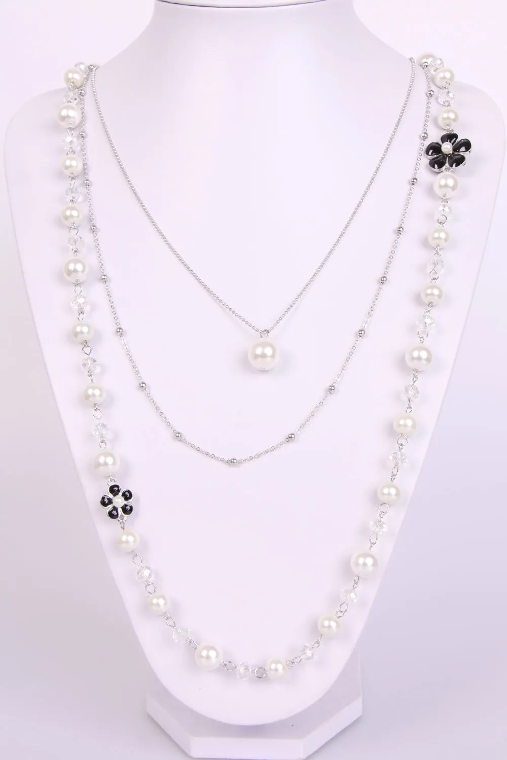 Trendy Pearl and Jewel Flower Layered Long Necklace