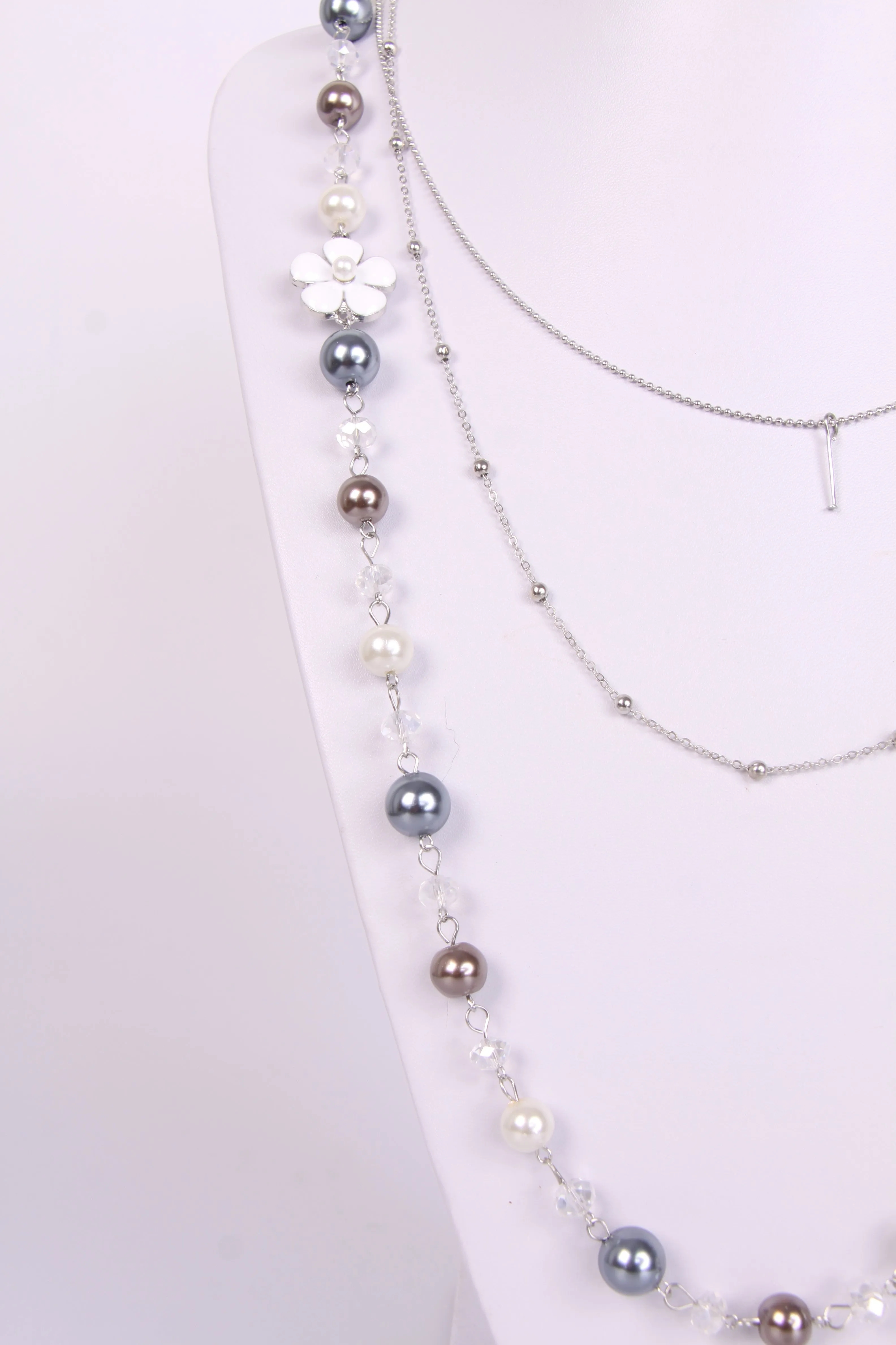 Trendy Pearl and Jewel Flower Layered Long Necklace