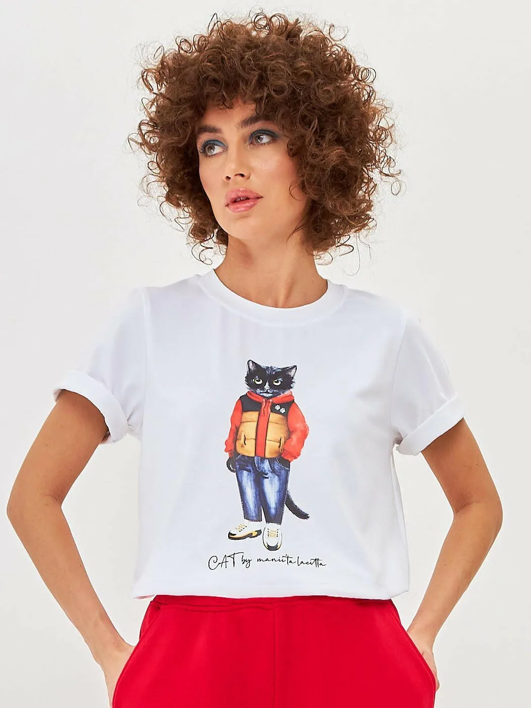 White Printed T-shirt SPORT CASUAL CAT