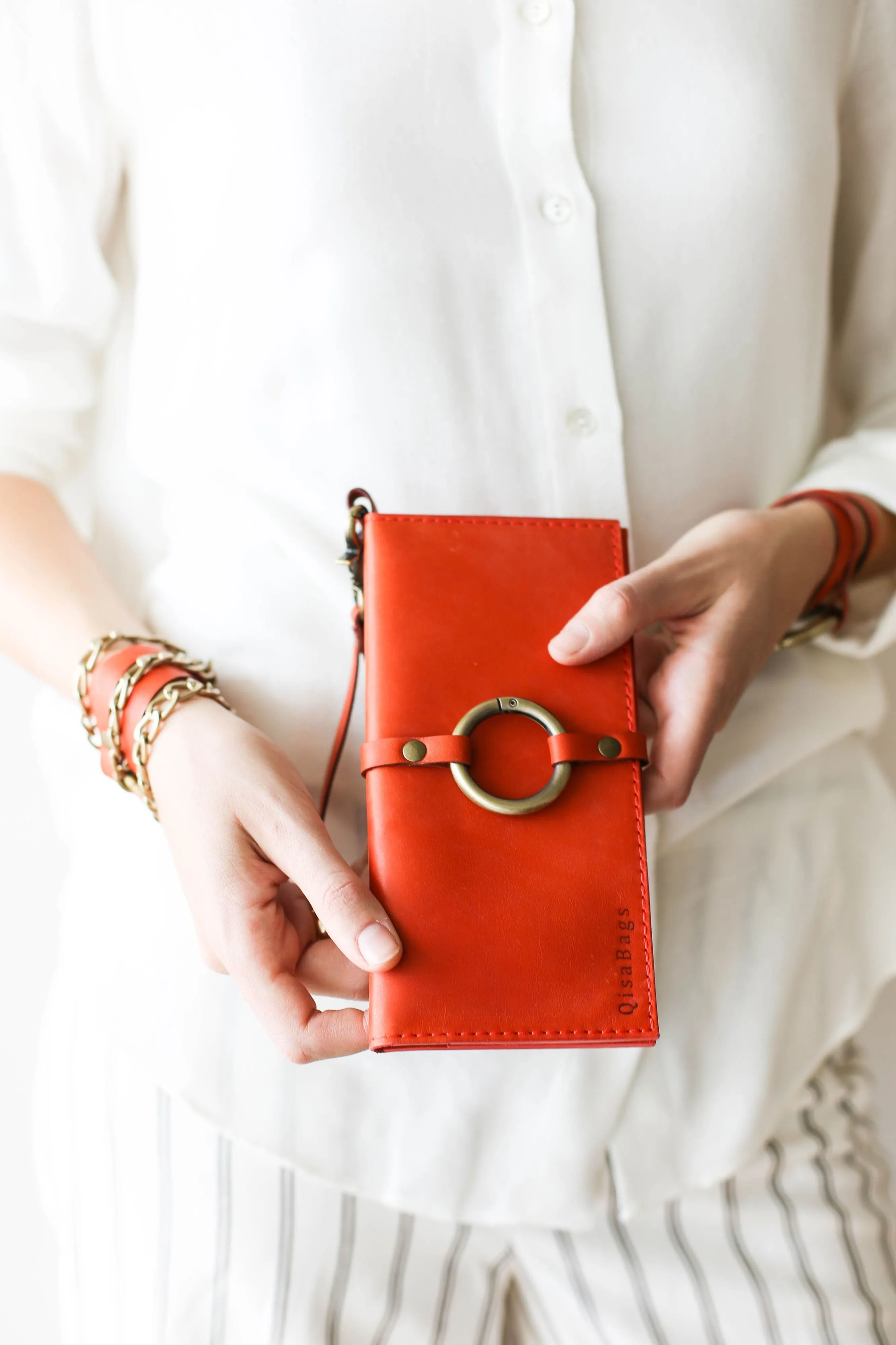 Women's Bifold Orange Leather Ring Wallet - N02