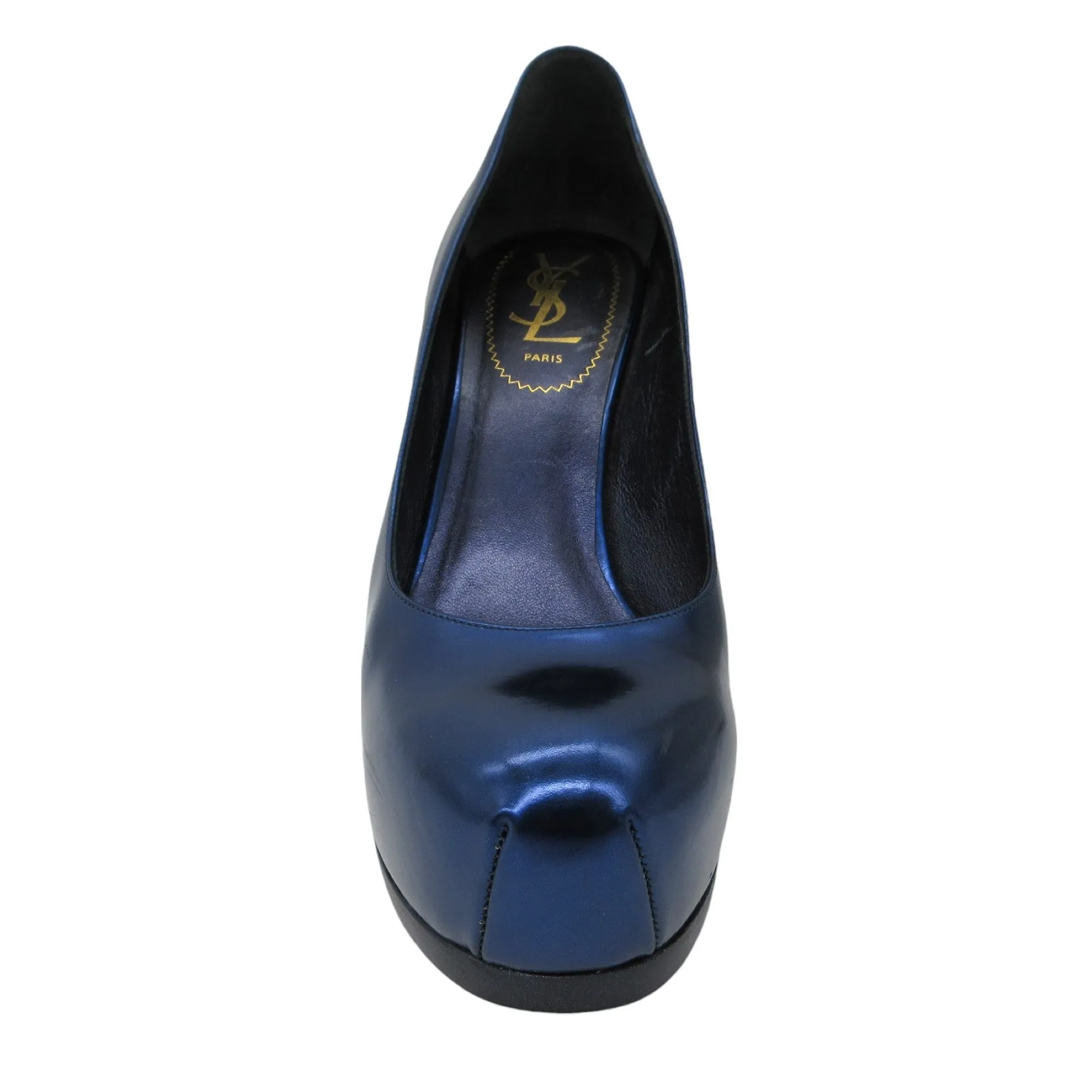 Yves Saint Laurent Blue Metallic Leather Tribtoo 80 Platform Pump